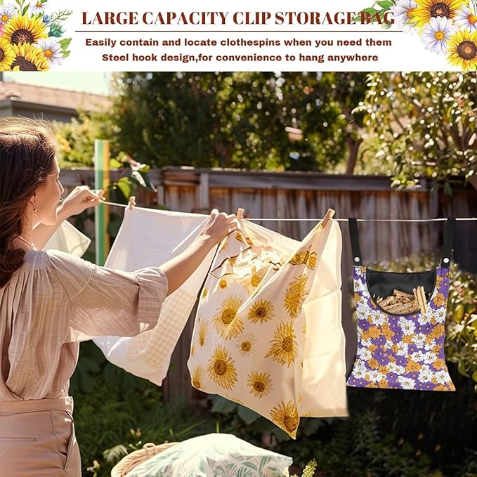 2 Pcs Clothes Pin Hanging Bag, Hippie Flower Multi-Functional Clothespin Bag