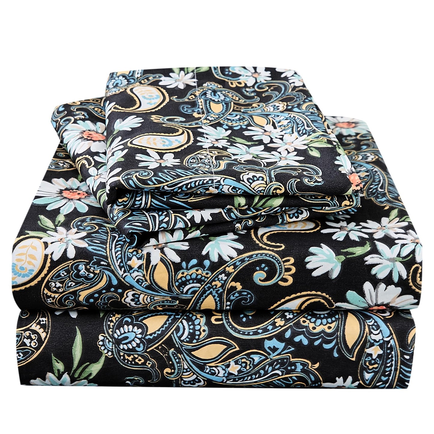 JSD Black Paisley Floral Printed Sheet Set King Size, 4 Piece Soft Pattern Microfiber Sheets Extra Deep Pocket