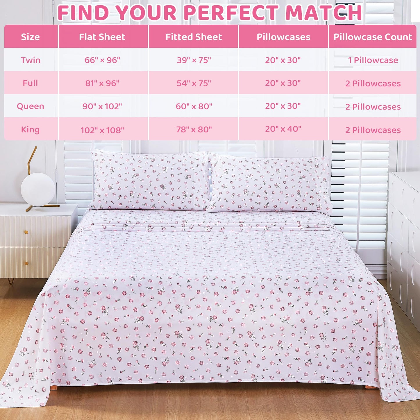 Mooreeke Cozy Vintage Microfiber Printed Floral Twin Sheet Set - Soft & Breathable Pink Daisy Bed Sheets with Extra Deep Pocket - Non-Slip Fitted Design - Daisy Pattern - Twin