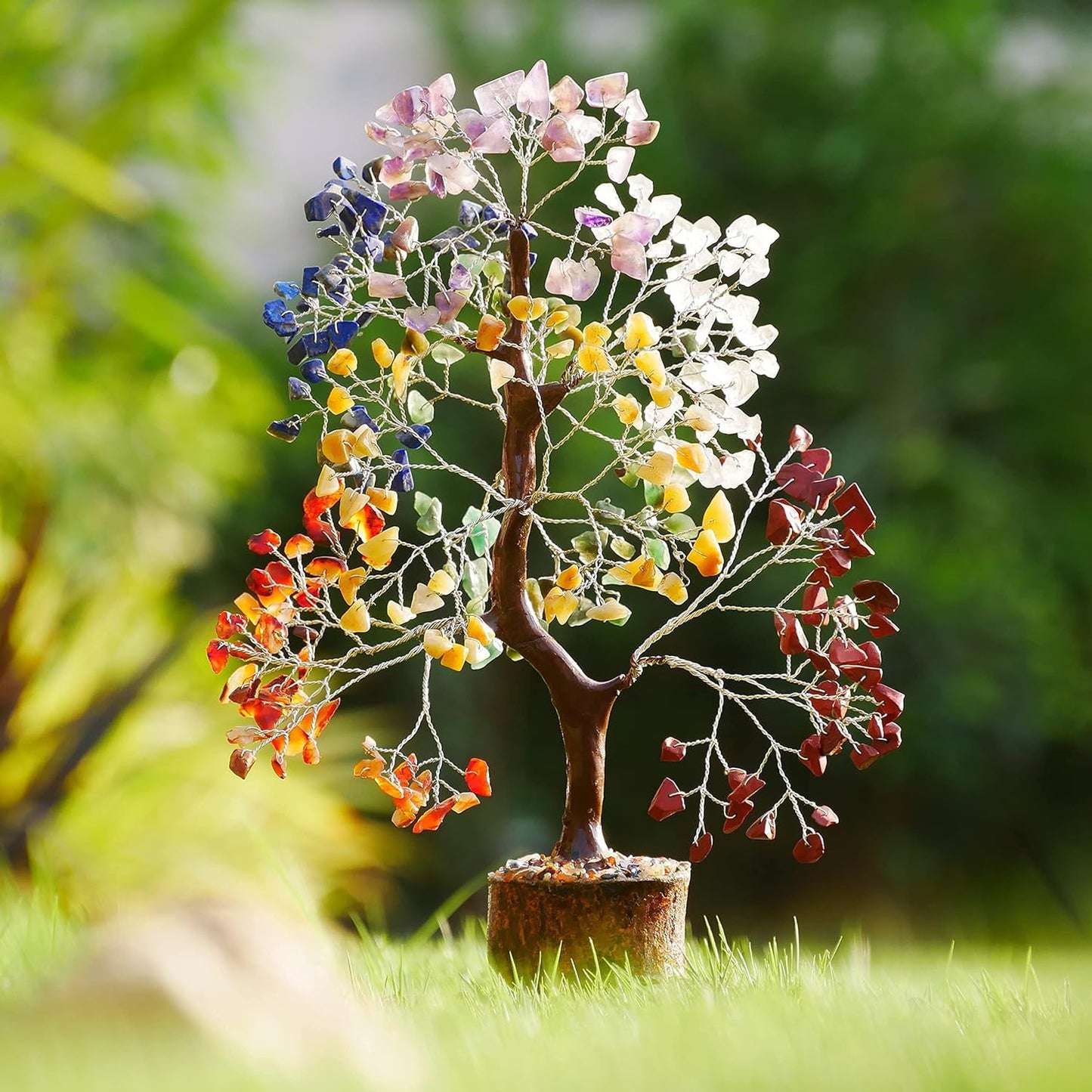 ABHISUBYA Seven Chakra Gemstone Tree Feng Shui Figurine Money Bonsai Good Luck Reiki Healing Crystals Balancing Decoration Ornament Sculpture Wealth Prosperity Table Room Decor Gift Size 10-12"