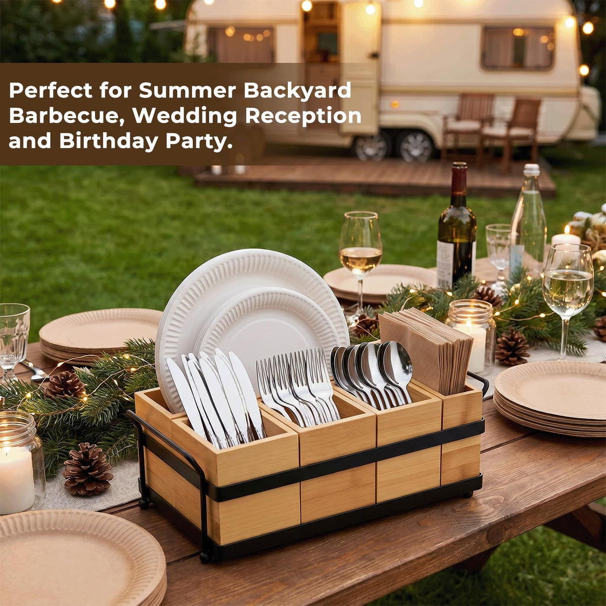 Eclove 5-in-1 Bamboo Utensil Caddy and Paper Plate Organizer - Wooden Silverware Caddy with Napkin Holder and Portable Handle - Flatware Organizer for Kitchen Countertop, Camper RV, Buffet Party