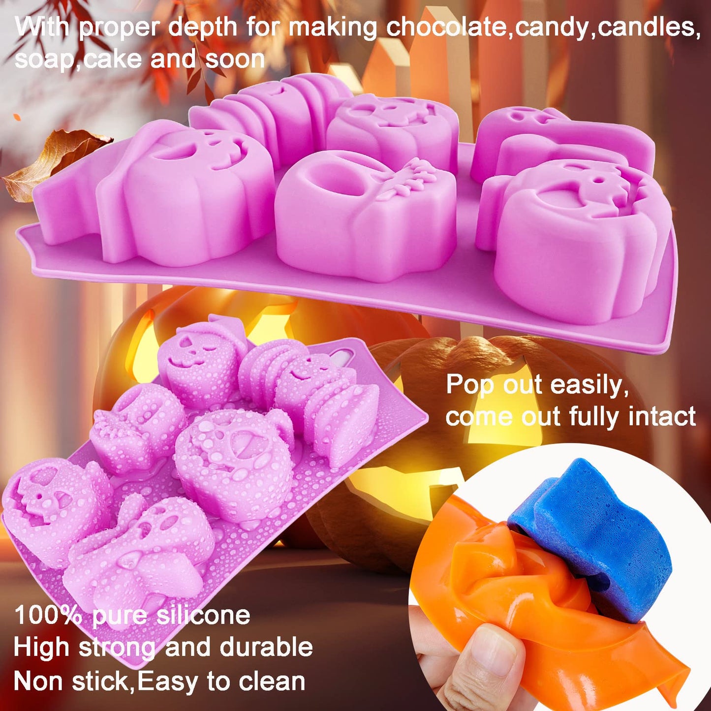 Pumpkin Silicone Mold Halloween Cake Mold 5 Piece Chocolate Molds With Ghost, Bat & Witch Hat Cookie Molds for Candy, Gummy, Jello, Ice Cube, Crayon Melt, Biscuits, Soap Baking