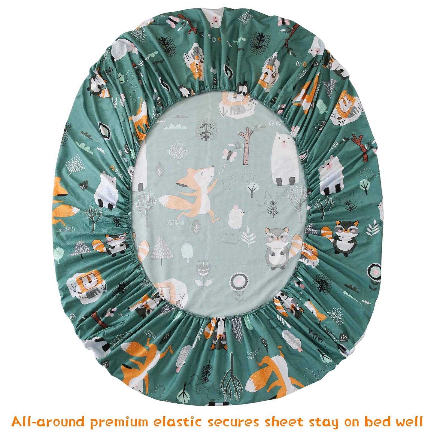 JSD Green Forest Animals Kids Sheet Set Twin Size, 3 Piece Woodland Printed Microfiber Bed Sheets Deep Pocket
