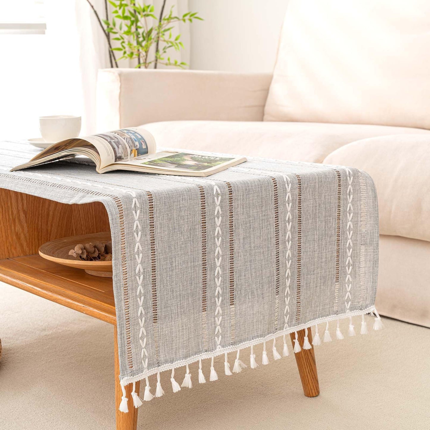 SIELUNO Linen Coffee Table Cloth, Rustic Farmhouse Coffee Table Cover for Living Room Tea Table Washer Dryer Fridge Top Dust Cover-Hollow Light Grey-20x60inch