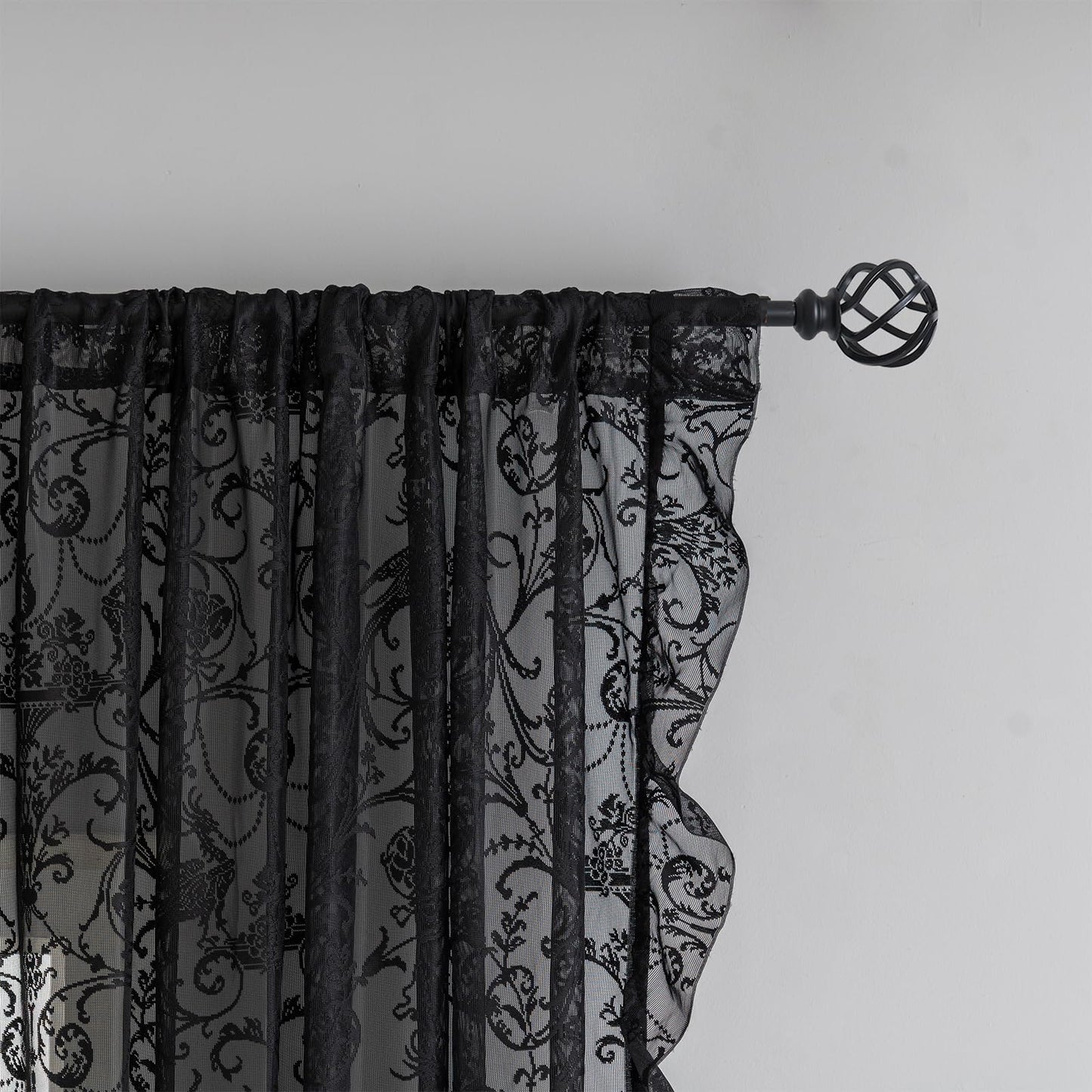 TUDECO Black Sheer Curtains 84 Inches Long - Shabby Chic Knitted Floral Lace Curtains Privacy Goth/Witchy Dark Window Curtains for Living Room Rod Pocket French Decor 1 Pair, 59 x 84 Inch