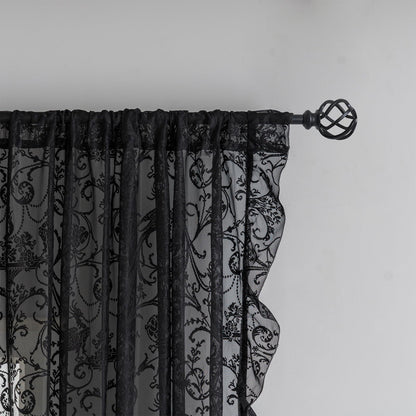 TUDECO Black Sheer Curtains 84 Inches Long - Shabby Chic Knitted Floral Lace Curtains Privacy Goth/Witchy Dark Window Curtains for Living Room Rod Pocket French Decor 1 Pair, 59 x 84 Inch