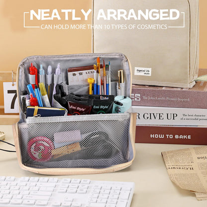 ONRSV Large Capacity Standing Makeup Bag for Travel, Foldable Hanging Toiletry Organizer with 3 Storage Layers & 8 Inner Pockets, Portable Cosmetic Case for Women (Beige)