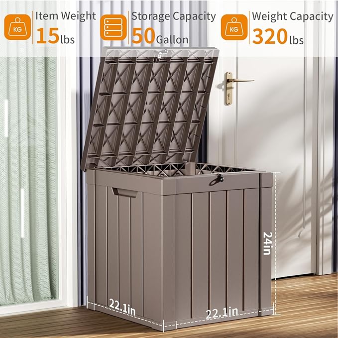 ROJIK Outdoor Storage Housing Deck Box - Waterproof Patio Furniture, Garden Tools, Cushions, Pool Accessories Storage Bench with Lockable Lid and Side Handles (Grey, 50 Gal)