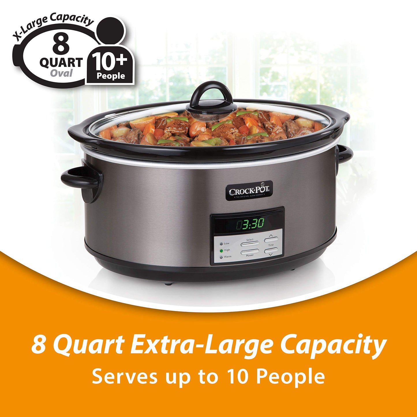 Crock-Pot Large 8-Quart Programmable Slow Cooker with Auto Warm Setting Black Stainless Steel