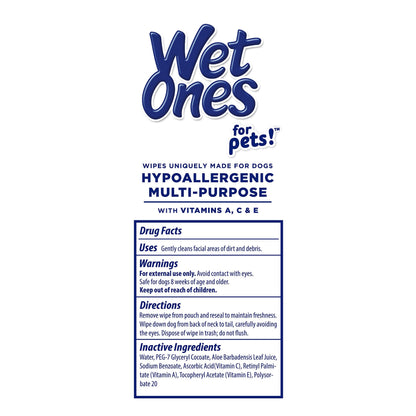 Wet Ones for Pets Hypoallergenic Multipurpose Dog Wipes with Vitamins A, C and E - Fragrance-Free All-Over Pet Grooming Wipes for Dogs in Canister, 50 Count