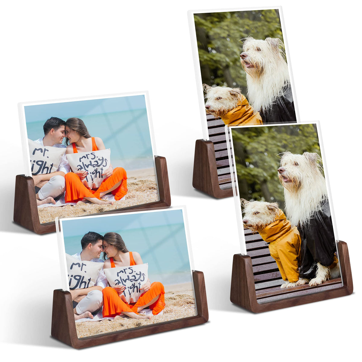 Komimaci 4x6 picture frames, Solid Rustic Wooden Photo Frames with Walnut Wood Base and High Definition Acrylic Glass Covers - 4 Pack for Tabletop or Desktop Display (4x6 inch, 4 Pack)