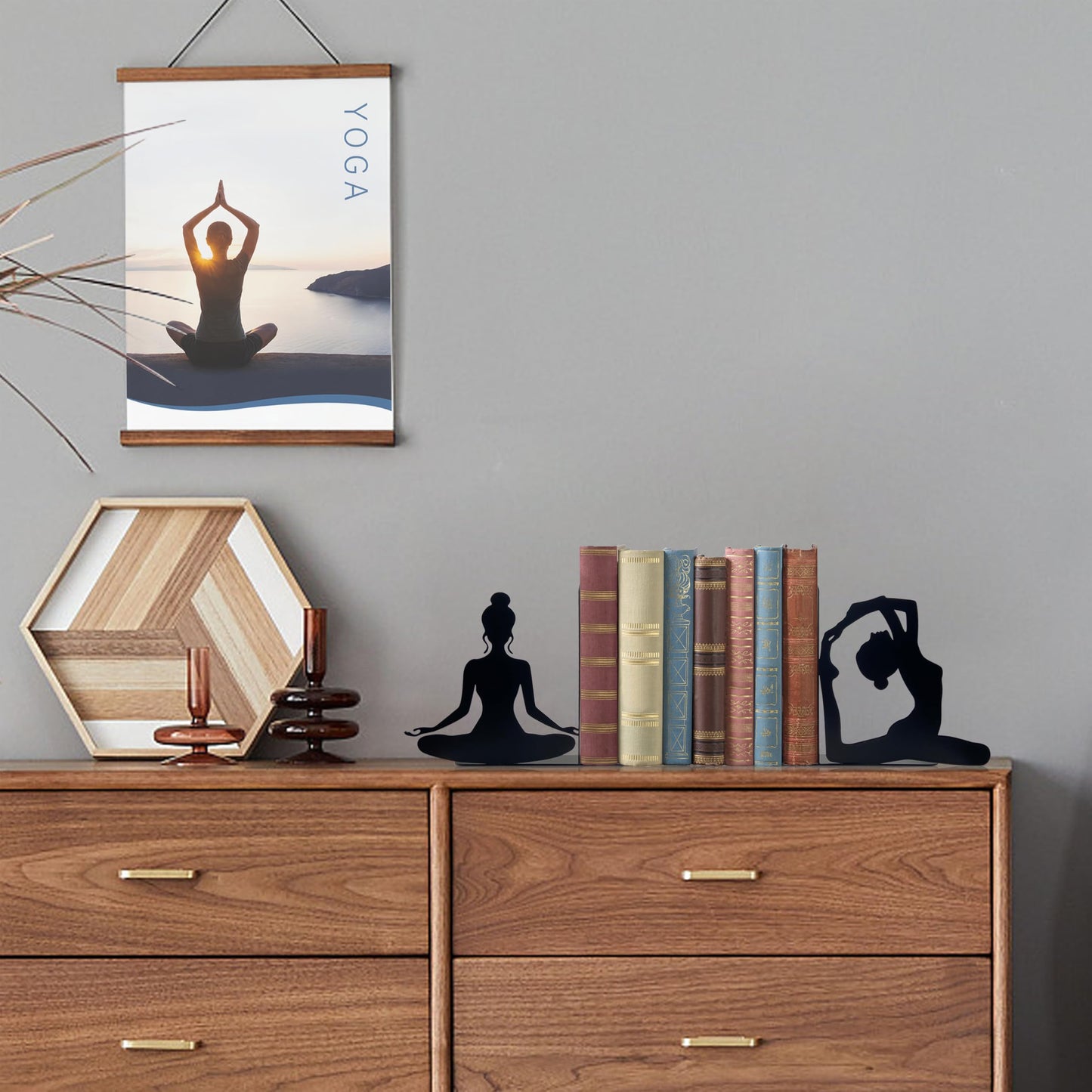 Yoga Pose Metal Decorative Bookends, Yoga Decor, Yoga Gifts for Women for Home, Bedroom, Bookshelf, Office Decor, Living Room Decor(Black)