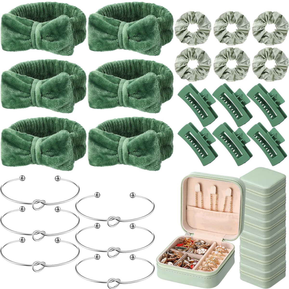 Suncalla 30 Pcs Spa Party Bridesmaid Proposal Gifts Wedding Bridal Party Favor Bridal Bracelet Jewelry Boxes Hair Clip Scrunchies Headband Knot for Graduation Gift(Sage Green)