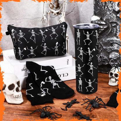 Geiserailie Halloween Goth Gifts Set Dancing Skeleton Insulated Tumbler with Lid and Straw Skull Makeup Bag and Skeleton Crew Socks Unisex Dress Socks Gift for Halloween Party, Friends, Sister, Mom