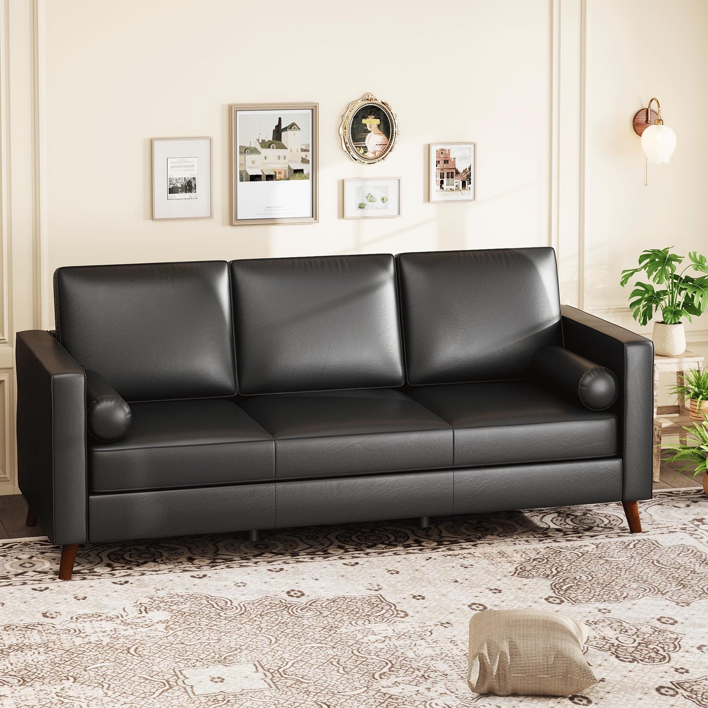GarveeLife 86" Mid Century Modern PU Leather Sofa, 3 Seater Couch with Deep Seat & Cushions, Faux Leather Living Room Sofa for Apartment, Bedroom, Office, Black