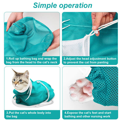 Cat Bathing Bag, Breathable Mesh Cat Shower Washing Bag Anti Scratch Adjustable Cat Grooming Bag for Nail Trimming