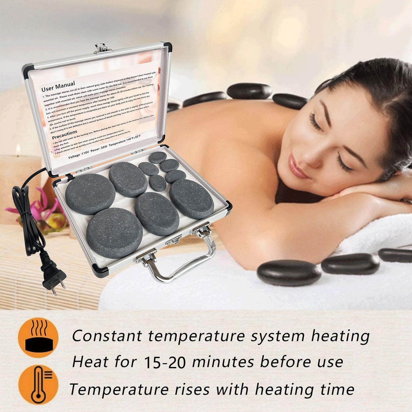 MINGJISHIYE Hot Stone Massage, 10-Piece Portable Massage Stone Set with Basalt and Heater, for Hydrotherapy Heating Treatment. (10PCS)