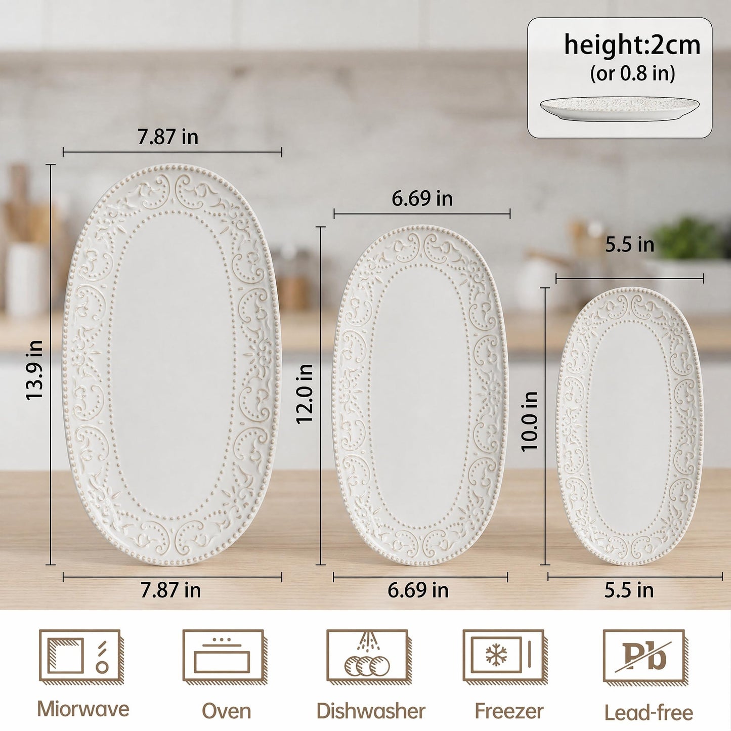 Feenmai Serving Platters Set, 14"/12"/10" Oval Ceramic Serving Plates, Embossed Serving Trays for Party, Oven Dishwasher Safe, Vintage White Serving Dishes for Entertaining, Appetizers, Pasta, Sushi