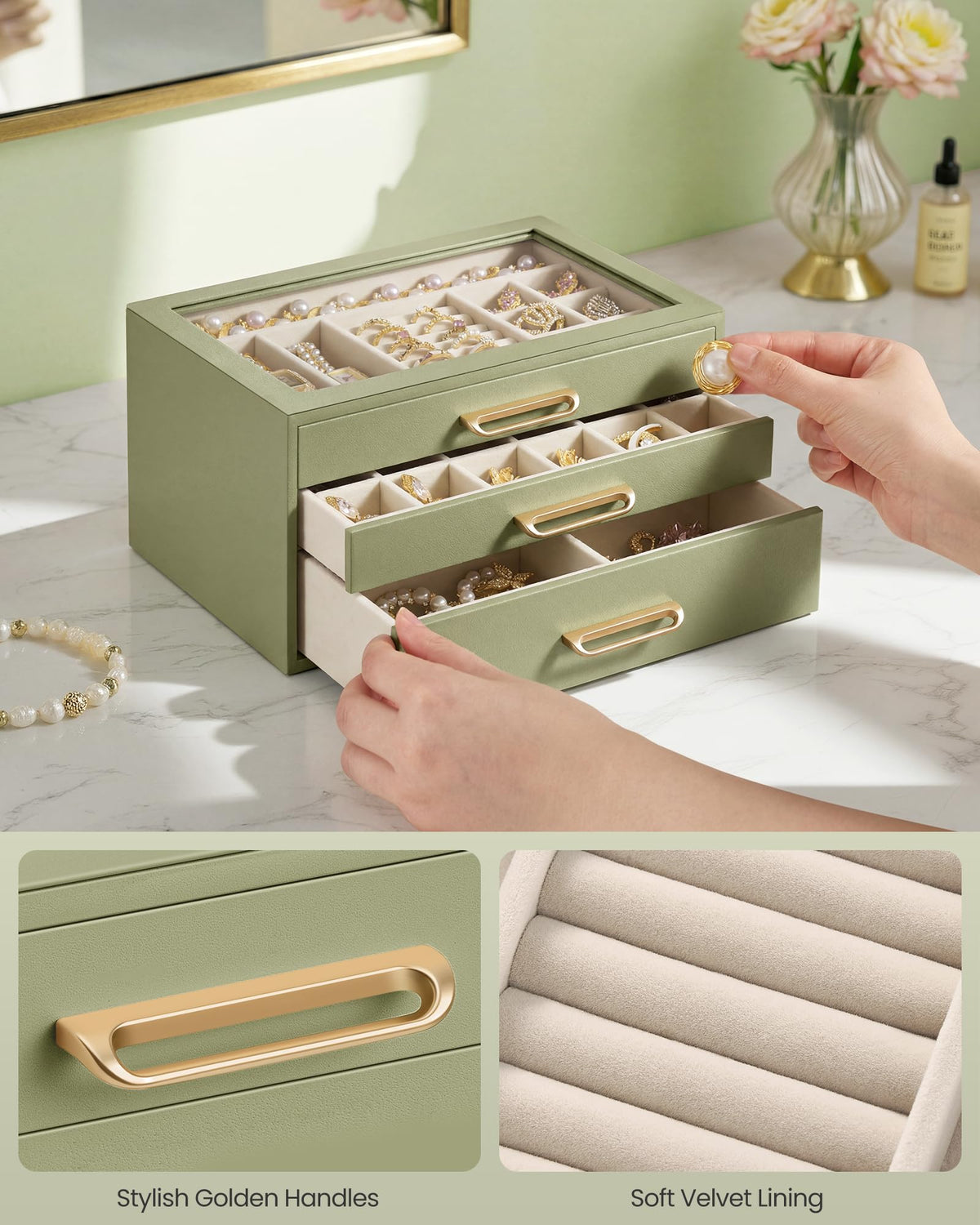 SONGMICS 3-Layer Jewelry Box with Glass Window, Jewelry Storage Organizer with 3 Drawers, Golden Handles, for Rings, Earrings, Bracelets, Gift Idea, Sage Green, 6.3 x 9.4 x 4.9 Inches UJBC206CE01S