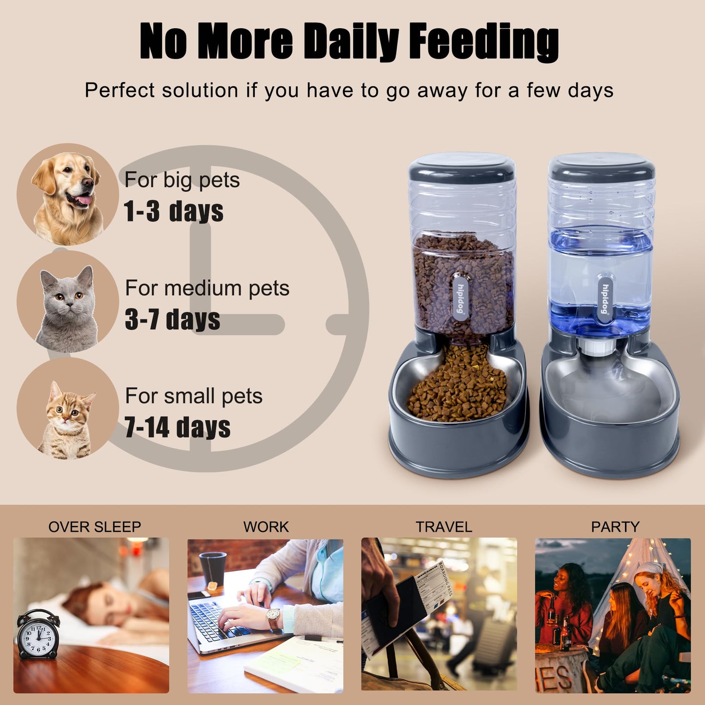 Automatic Pet Feeder Small&Medium Pets Automatic Food Feeder and Waterer Stainless Steel Bowls Set 3.8 L, Travel Supply Feeder and Water Dispenser for Dogs Cats Pets Animals