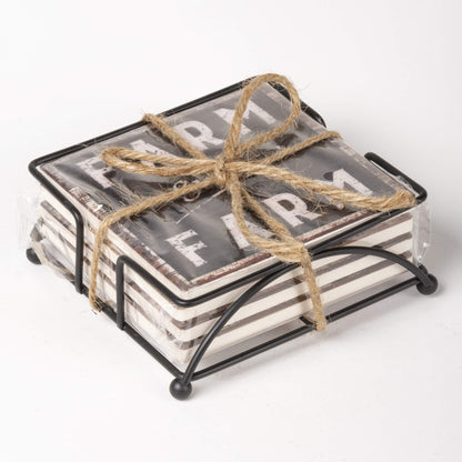 Primitives by Kathy Set of 4 Absorbent Stone Coasters, Rustic Farmhouse Coaster Designs, Farm Sweet Farm, Includes Wire Holder, Slatted Wood Style with Distressed Details, 4 by 4 Inches Each