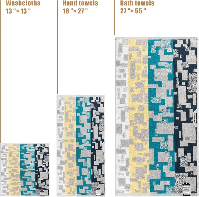 SEMAXE 18-Pack Bath Towel Set Include 6 Bath Towels, 6 Hand Towels, 6 Wash