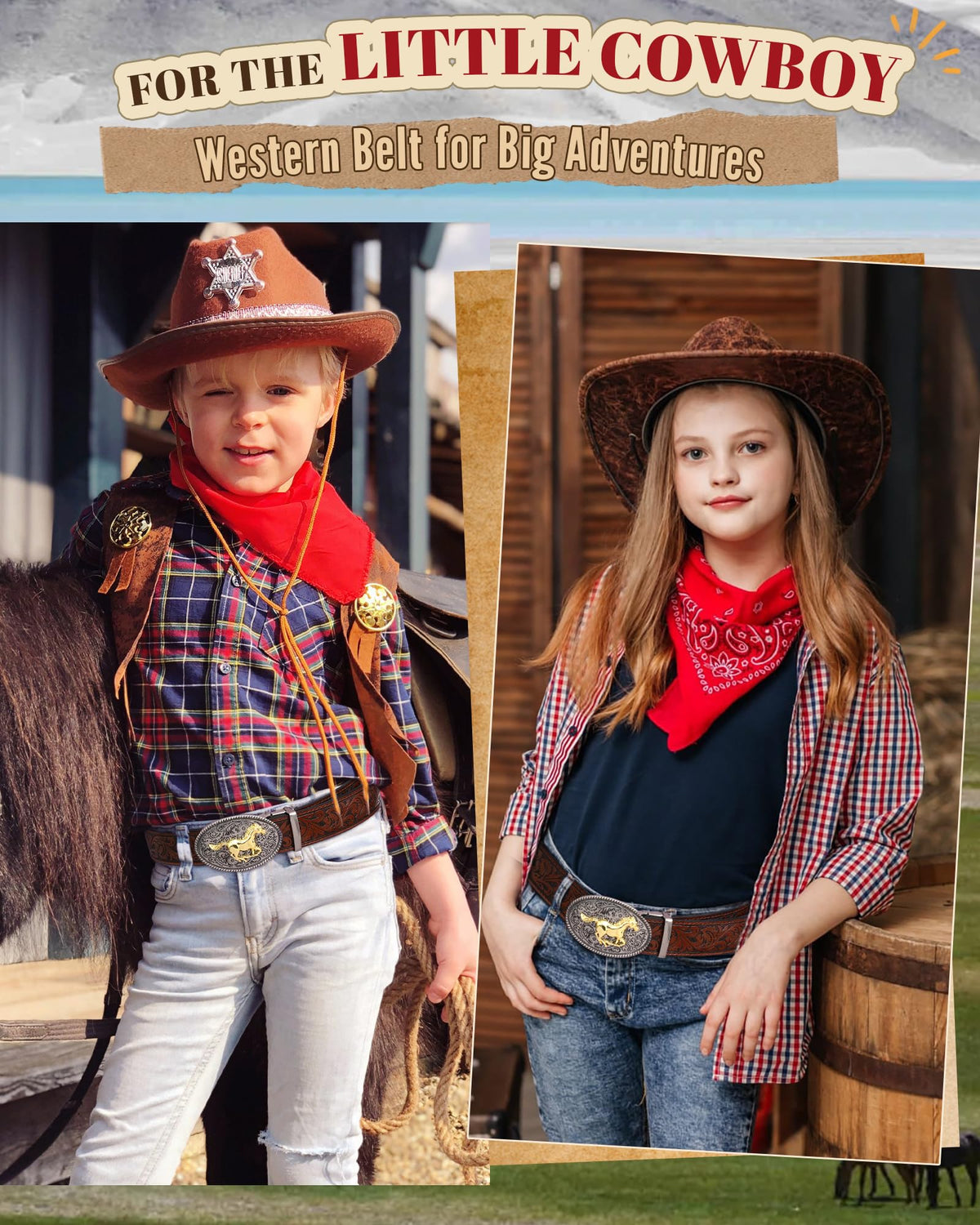 AWAYTR Kids Ratchet Western Belt - PU Leather Cowboy Belt Adjustable Toddler to Big Kid Sizes for Jeans (Gunmetal Gold Horse-Dark Brown, Fit Waist: 23"-26")