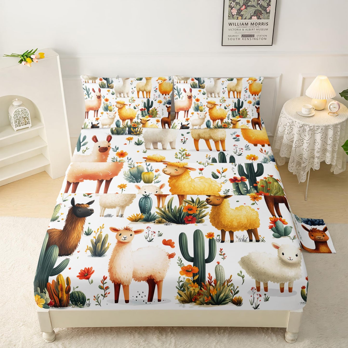 QOOMO Cute Llama Kids Bed Sheets Full Size,Kawaii Alpaca Print Bedding Sheet Set,4Pcs Cartoon Animal Deep Pocket Bed Sets with 1 Fitted Sheet 1 Flat Sheet 2 Pillowcases for Boys Girls Teens