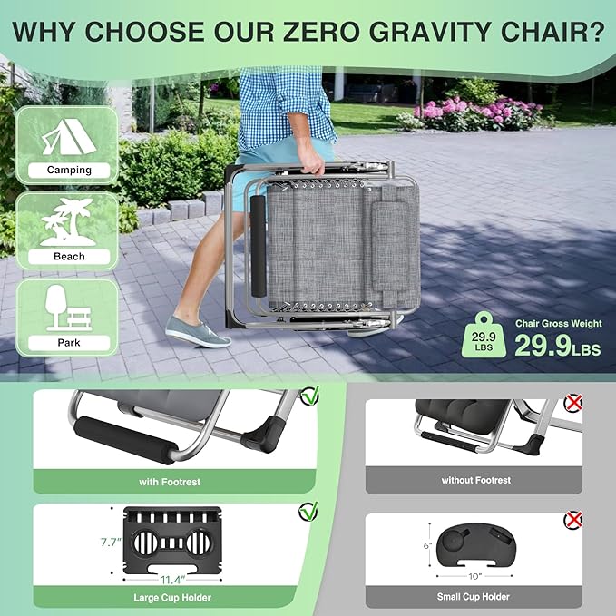 Suteck Oversized Zero Gravity Chair, 29In XL Outdoor Recliner Chair w/Removable Cushion&Headrest, Camping Lounge Chair w/Upgraded Lock&Footrest, Reclining Patio Chairs for Indoor Outdoor,500LBS