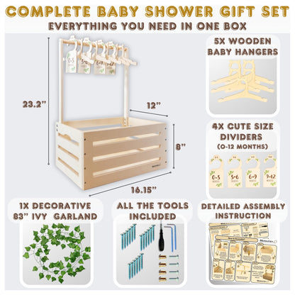 Lifemories Wooden Baby Shower Crate Closet with Clothes Hangers & Dividers, Large Gift Basket for Boys & Girls, Wood Box Storage & Display with Handles & Ivy Garland, Welcome Gifts for New Parents.