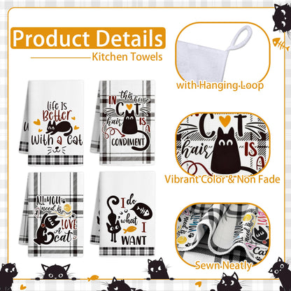 Vetoxka 4 PCS Black Cat Decor Kitchen Towels - Set Quick Drying Cute Hand Tea Dish Towel for Accessories Checkered Funny Saying Kitty Plaid for Cat Lover Home Decorations Bathroom Housewarming Gifts