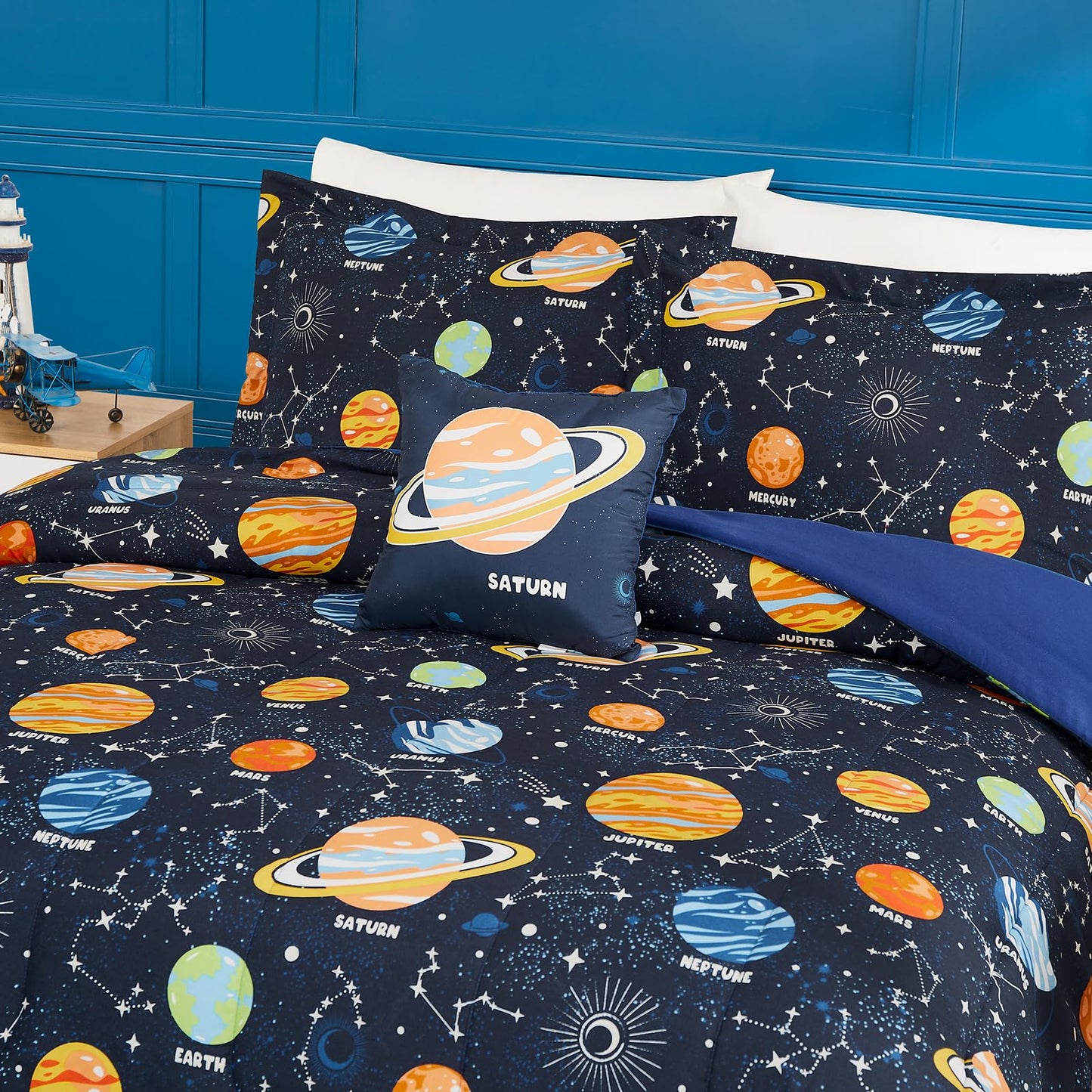 Wink Deer Twin Comforter Set for Boys-3 Pieces Space Glow in the Dark Twin Bedding Sets for Kids,1 Comforter,1 Sham and 1 Decor Pillow