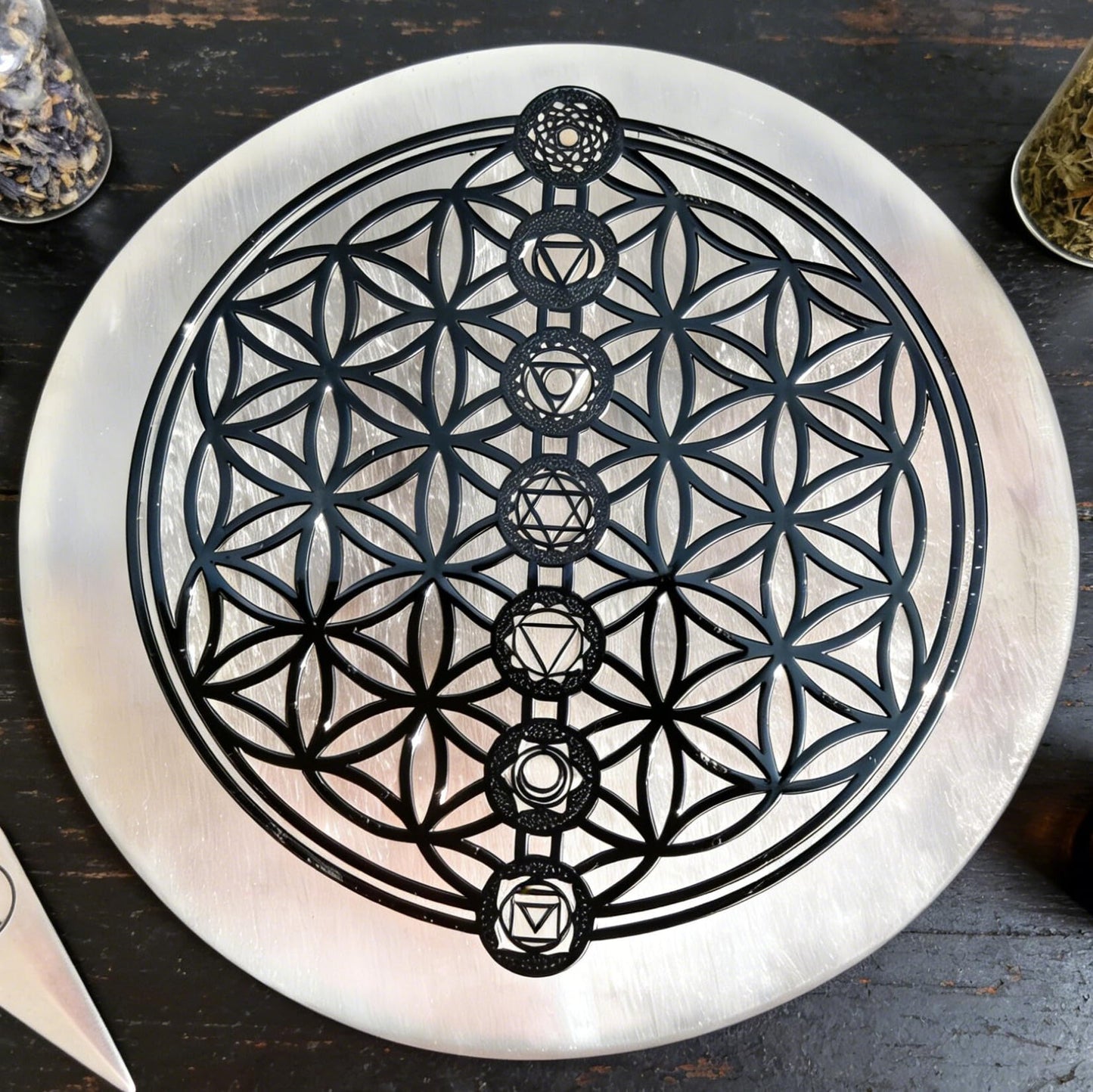 Selenite Crystal Charging Plate Engraved Flower of Life Healing Stones Coaster Round Disc for Home Office Table Decor Crystals and Healing Stones