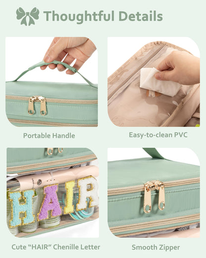 Fasrom Double Layer Hair Accessories Organizer, Preppy Patch Makeup Bag with HAIR Chenille Letter, Portable Travel Cosmetic Pouch Clear Toiletry Case for Women Girl, Green(Bag Only, Patent Design)