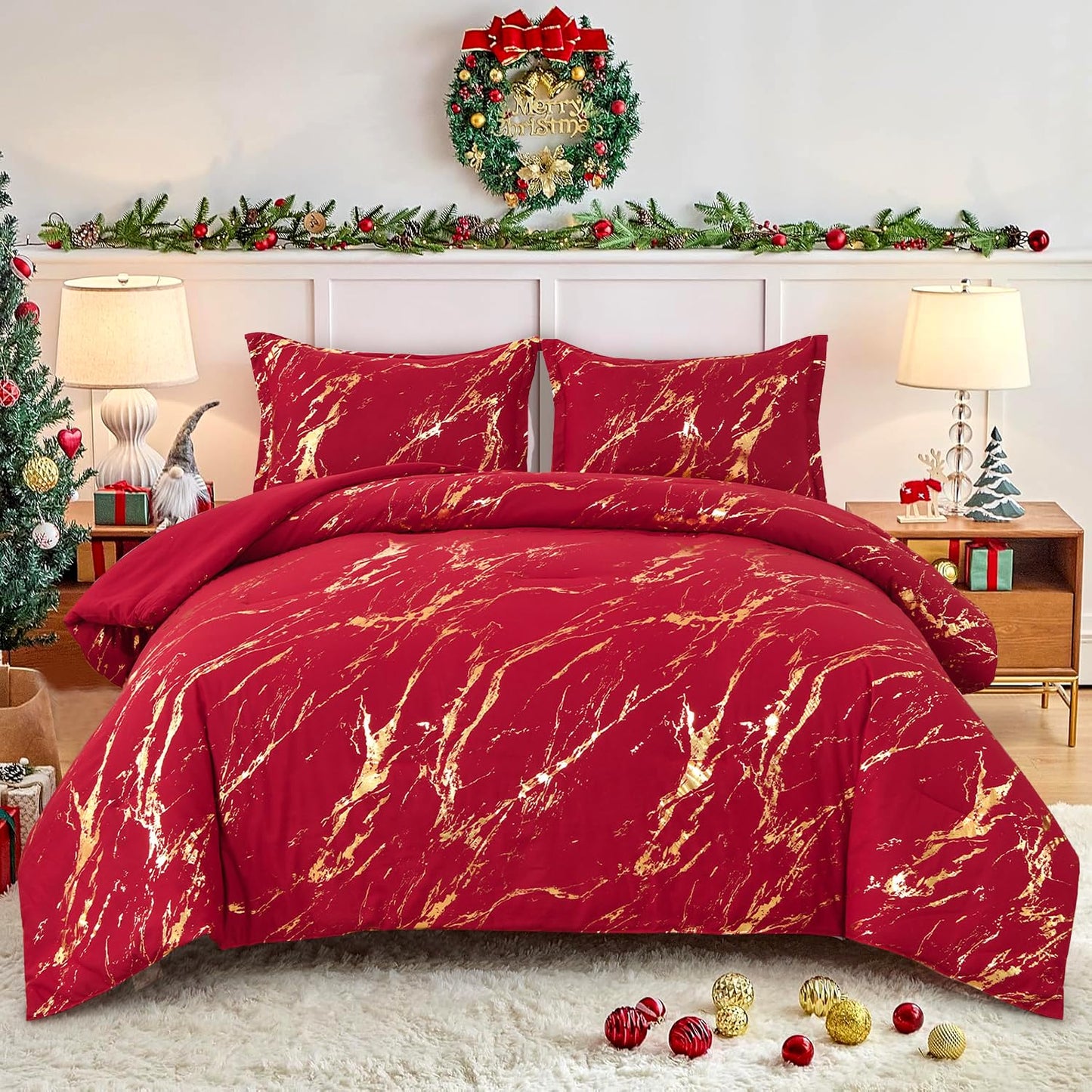 WONGS BEDDING Red Gold Metallic Marble Comforter Set Queen,Red Christmas Bedding Sets with 2 Pillowcases for All Seasons, Soft Microfiber Filling Bedding Duvet Set 90/inx90/in