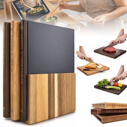 FUSAHURIY Australia Acacia Wood Book-Style Cutting Boards with Stand, Set of 3 Kitchen Boards for Hands-Free Recipe Viewing, First-Time Cooking, Breakfast Prep, Family Cooking and Housewarming Gift