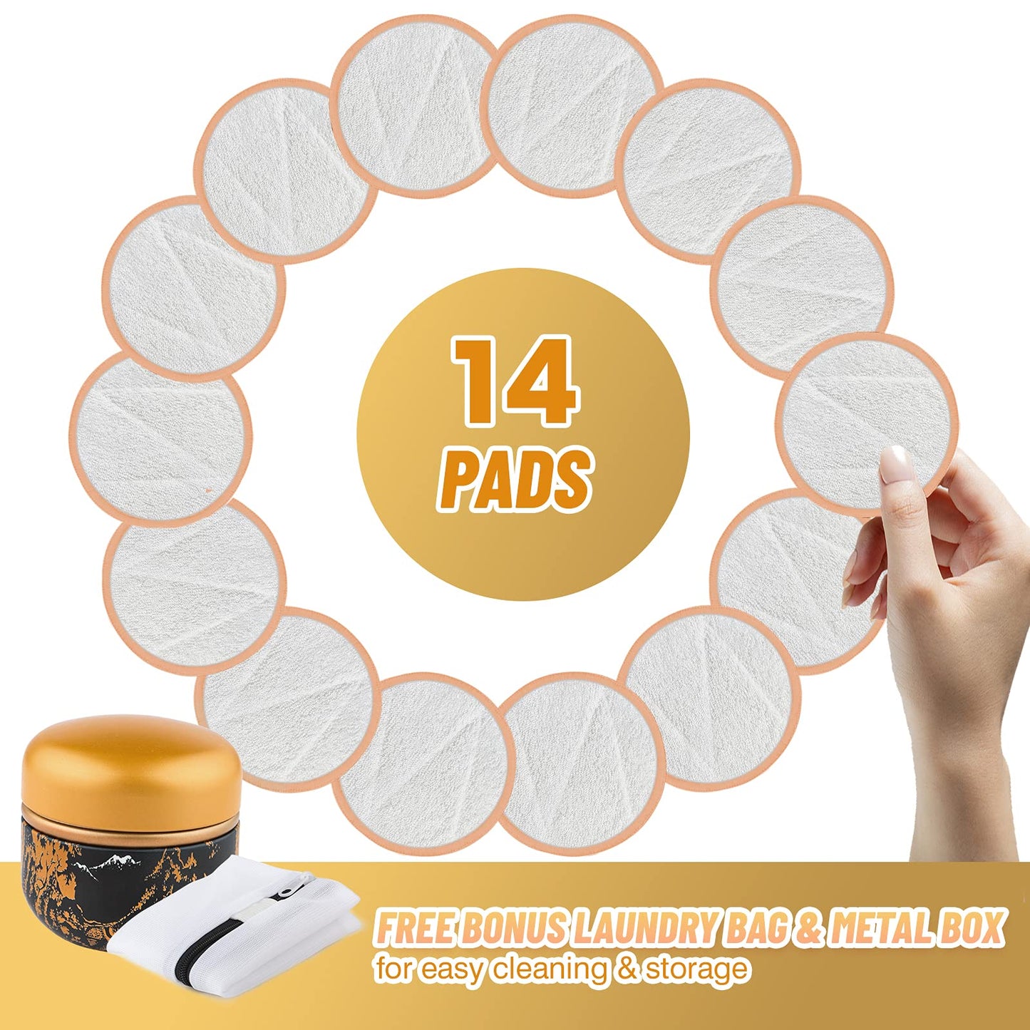 Veemos Reusable Cotton Rounds,14 Pieces Dual Sided Makeup Remover Pads with Washable Laundry Bag & Storage Box,Eco Friendly Bamboo Cotton Pads (Beige)