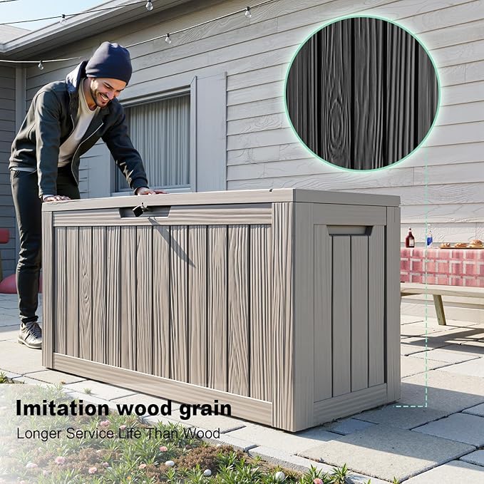 ROJIK Outdoor Storage Housing Deck Box - Waterproof Patio Furniture, Garden Tools, Cushions, Pool Accessories Storage Bench with Lockable Lid and Side Handles (Grey 88 Gal)