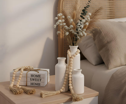 Reallnaive 8 Pcs Rustic Vase Centerpieces Set Included Boho Ceramic Vase Decorative Books Wood Bead Garland with Tassels for Farmhouse Table Island Living Room Decor(Home Sweet Home)
