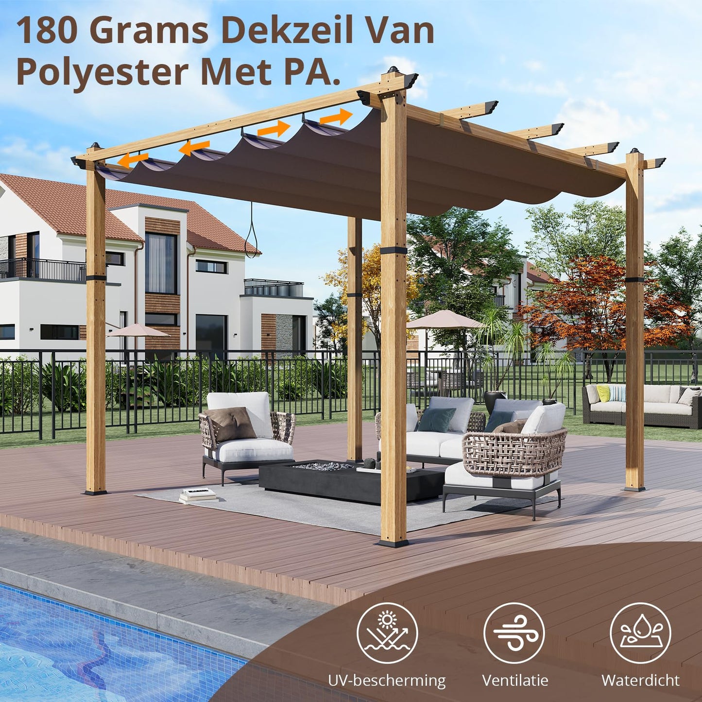 10x10 ft Aluminum Pergola with Adjustable Canopy, Outdoor Metal Pergola Shelter, Reinforced Rust-Resistant Frame, Waterproof Sunshade for Patio, Garden, Deck, Backyard, Khaki