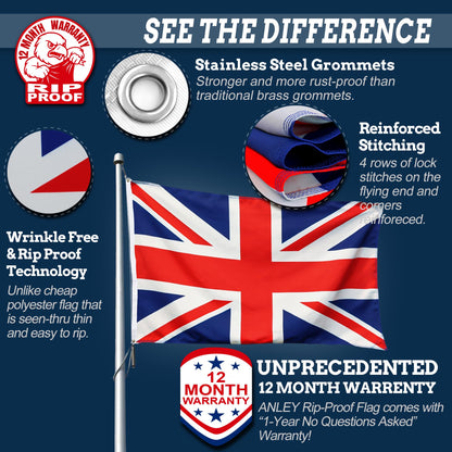 Anley Rip-Proof Technology Double Sided 3-Ply United Kingdom UK Flag 3x5 Foot - Vivid Color, Canvas Header and Wrinkle Resistant - The Strongest, Longest Lasting British National Flags 3 X 5 Ft