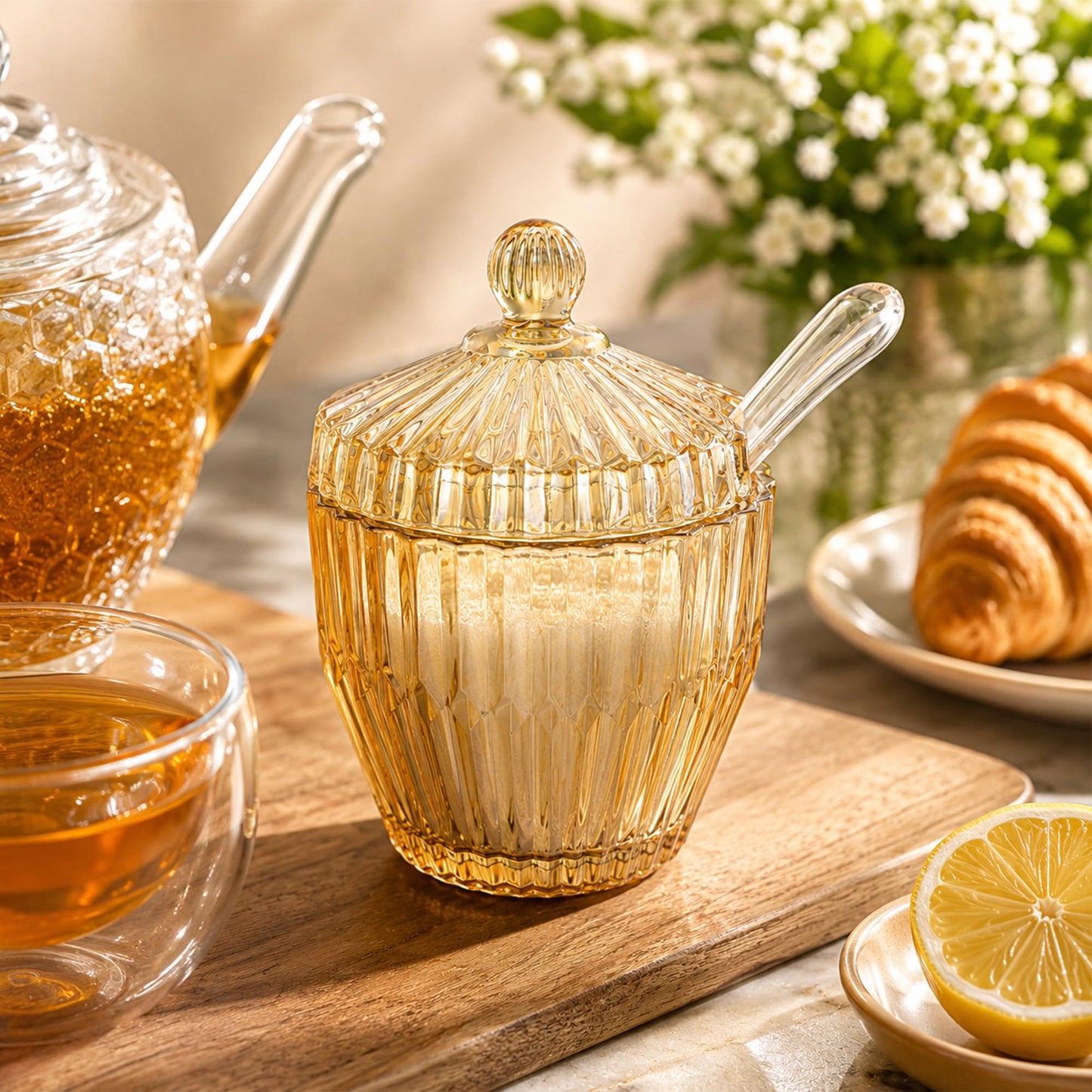 kanpura Glass Sugar Bowl with Lid and Serving Spoon Salt Pot Pepper Storage Jar Seasoning Pot Dispenser Container Sugar Box Condiment Spice Racks Holder for Home Kitchen(Amber)