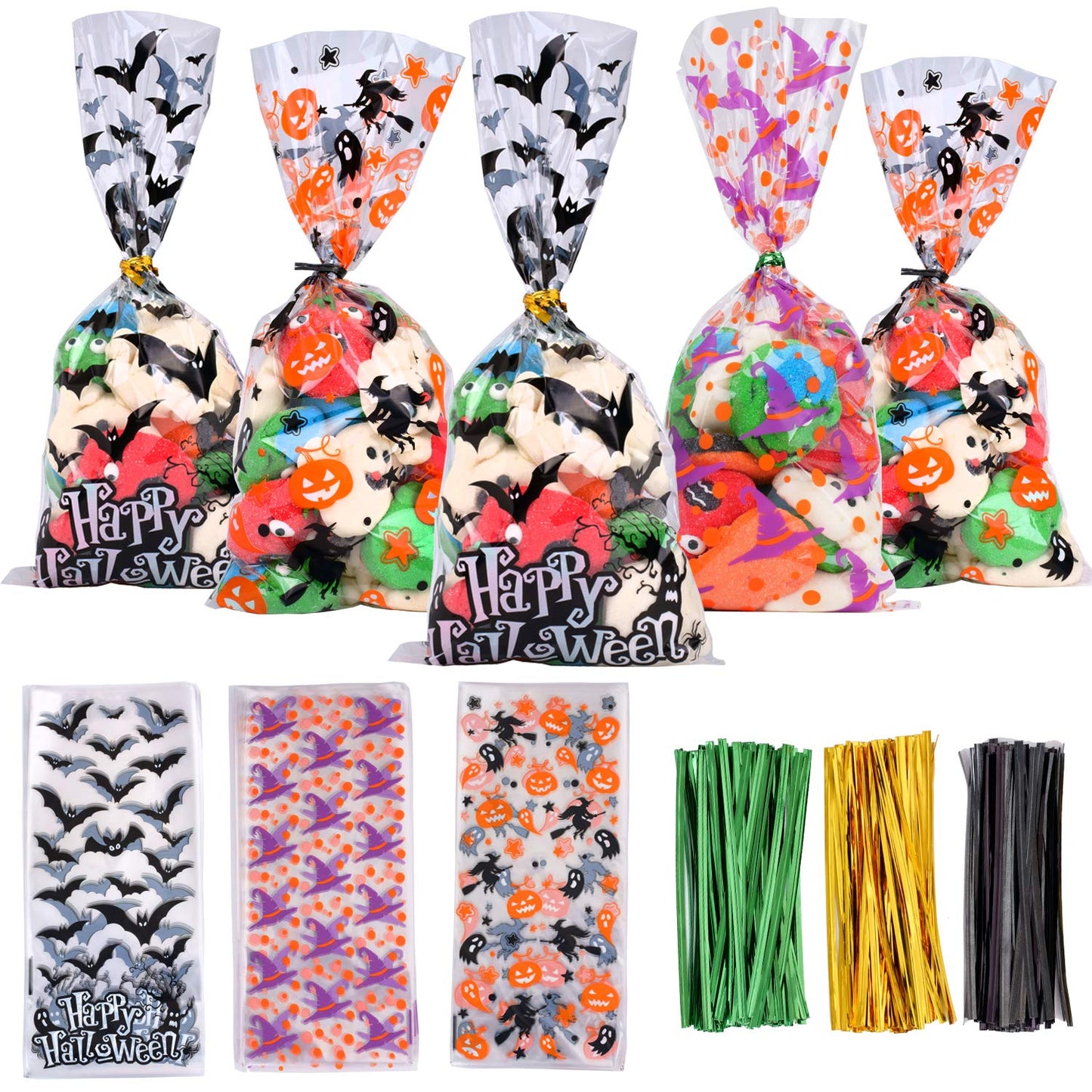 DIYASY 150 Pcs Halloween Cellophane Treat Bags, Clear Candy Bags Plastic Bats Pumpkin Bag Witch Goody Bag with 300 Twist Ties for Kids Party Favor