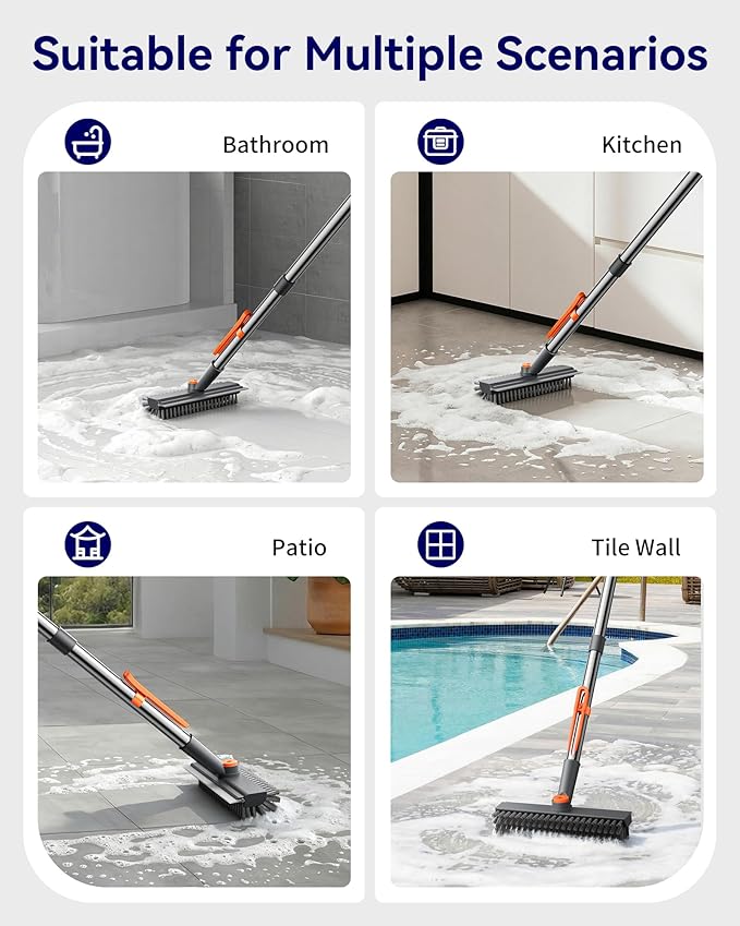 Small Floor Scrub Brush with Length Adjustable Long Handle, 3 in 1 Heavy-Duty