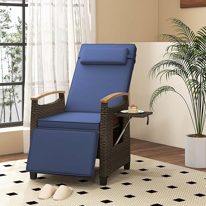 RELAX4LIFE Rattan Outdoor Recliner Chair - Wicker Chaise Lounge Chair w/Adjustable Back & Footrest, Acacia Wood Armrests, Flip Side Table, Cushion, Reclining Patio Chair for Pool Yard (1, Navy)