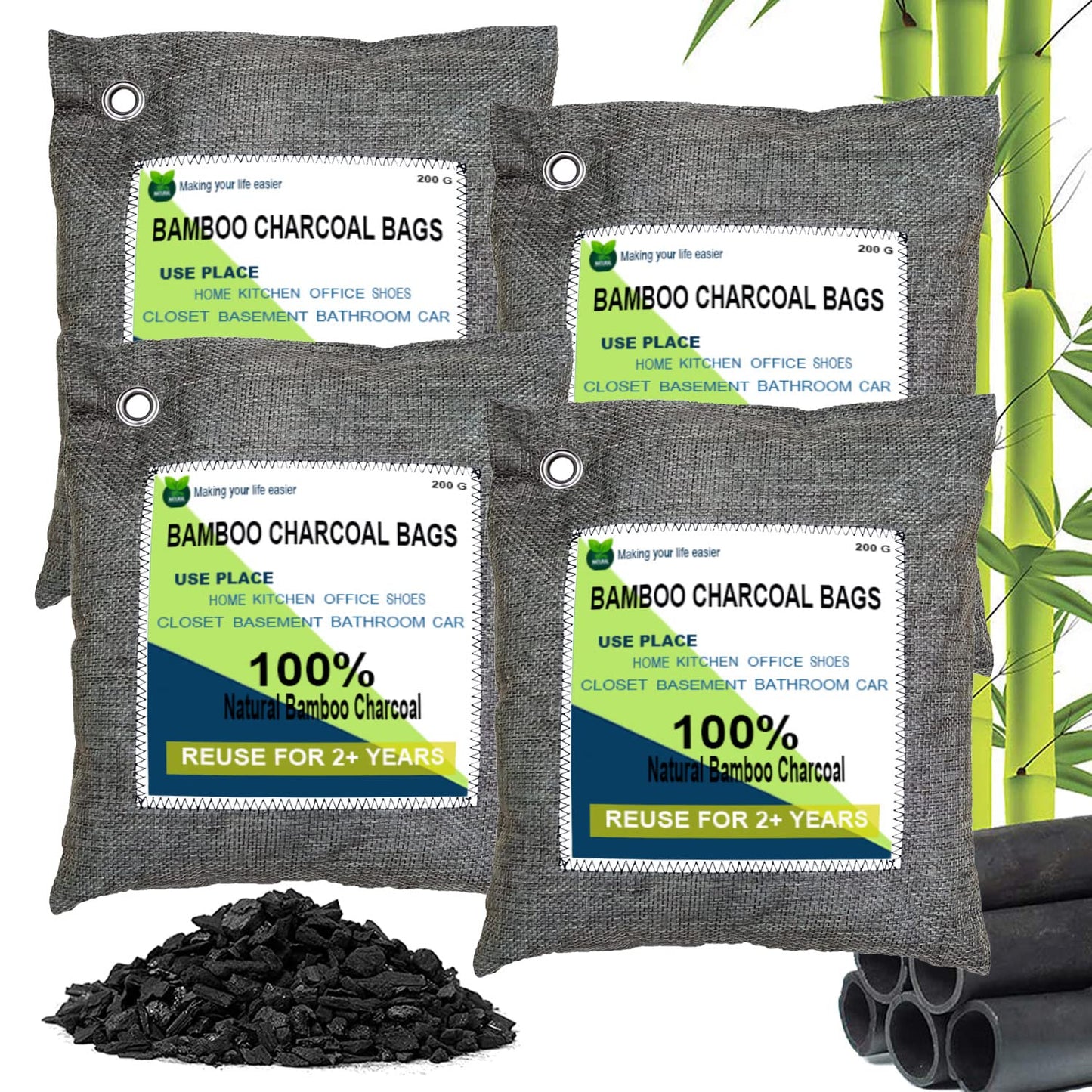 Charcoal Bags, Bamboo Bag 4 pack, 4x200g Air Purifier And deodorize, Charcoal Air Purifying Bags