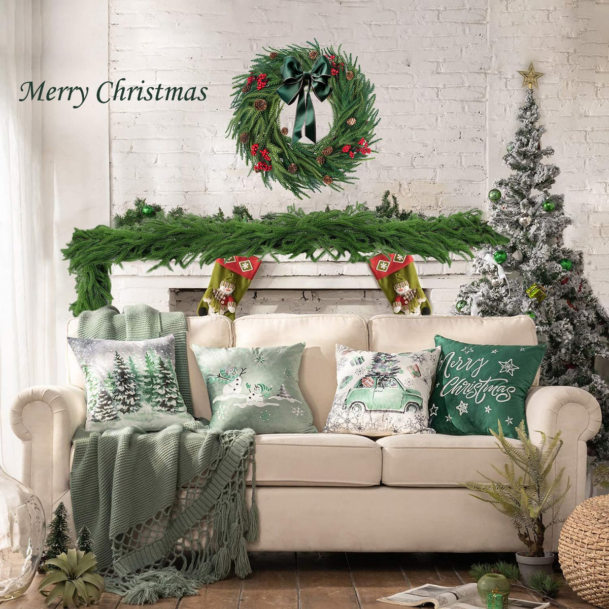 2PCS 6FT Artificial Norfolk Pine Garlands, Real Touch Winter Pine Garland, Green Artificial Greenery Garland for Table, Indoor, Mantle, Wall, Outdoor Christmas Decorations (2)