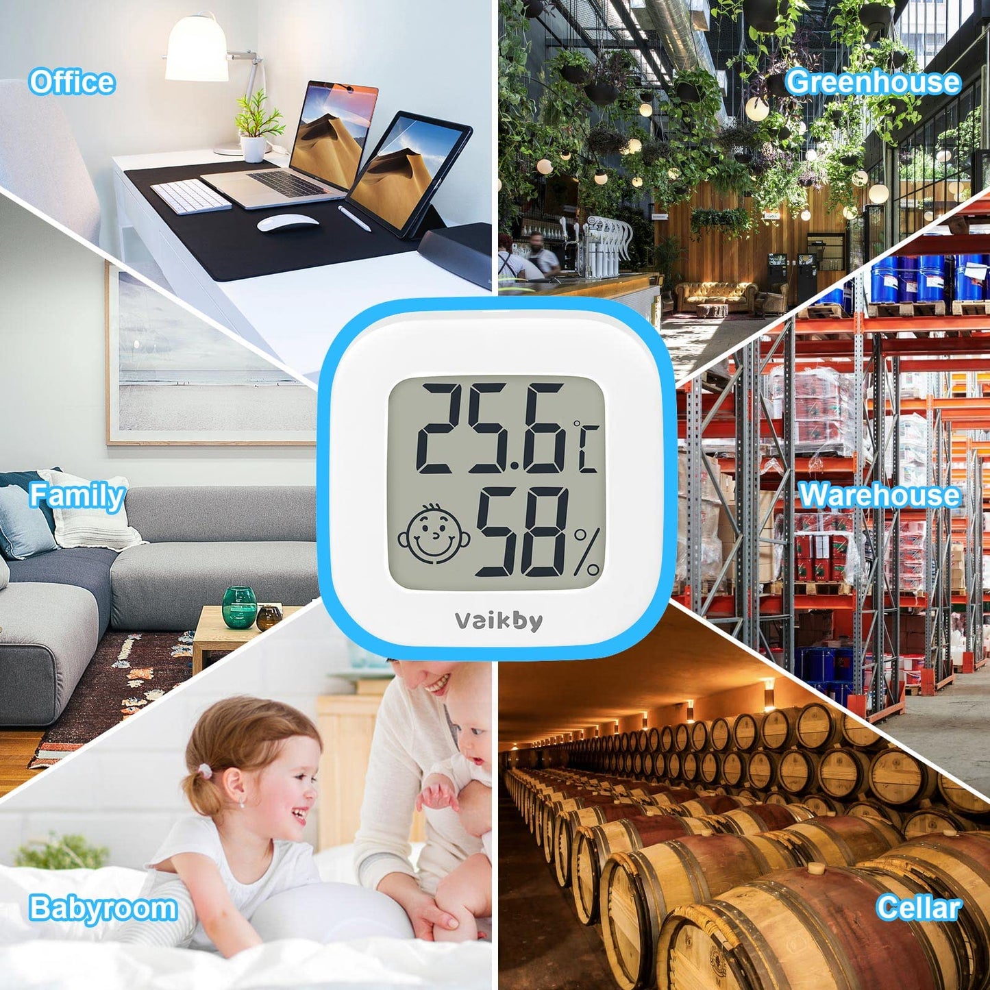 6Pack Room Thermometer Vaikby, Indoor Thermometer Hygrometer, Mini Digital Temperature Humidity Meter Gauge Monitor, Large LCD Display Celsius or Fahrenheit for House, Greenhouse, Baby, Office, Home