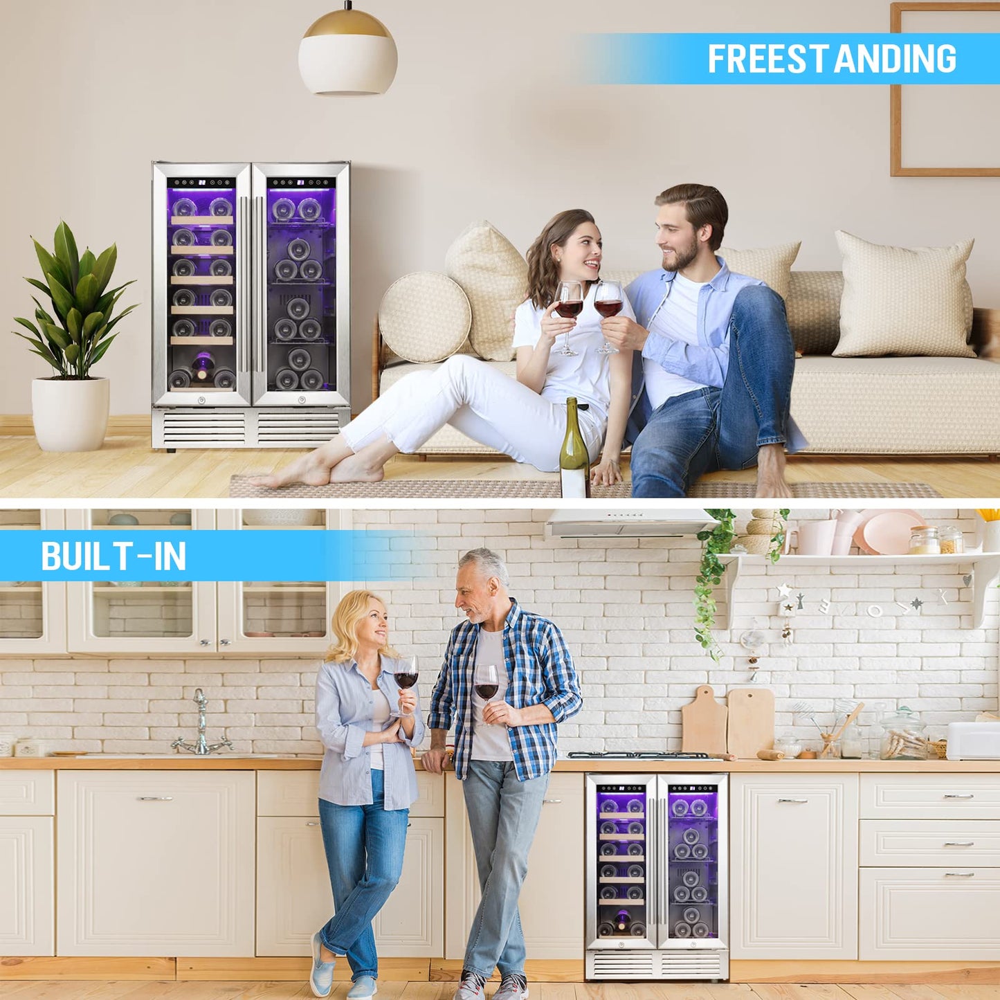Antarctic Star Wine and Beverage Refrigerator, 24 Inch Dual Zone Wine Cooler with Glass Door, Built in or Under Counter Wine Fridge with Blue LED Light,18 Bottles and 66 Cans Capacity Beverage Cooler
