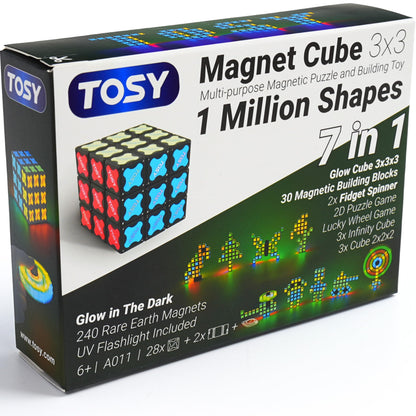 TOSY Magnet Cube 3x3-240 Magnets, 30 Blocks, 7 in 1 Toy: Puzzle Cube Game, Creative Building Blocks, Transformable Fidget Spinner, Infinity Cube, Magnet Tiles, UV Flashlight, Glowing STEAM Toy